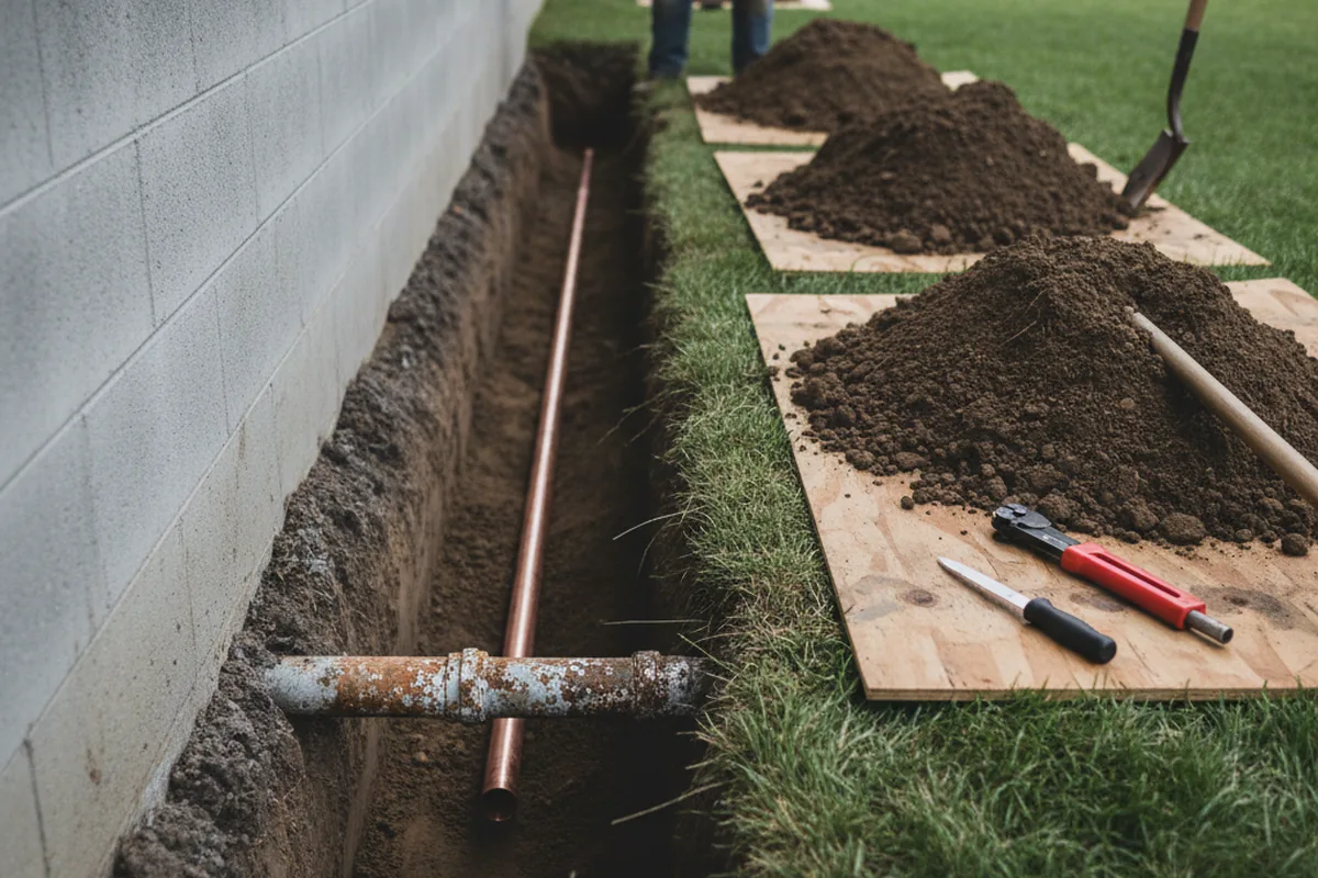 Excavated water line trench during Sewer Line Repair in Peach Bottom